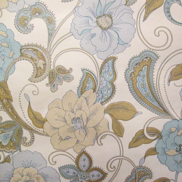 Vintage 1970s Blue and Beige Peony Paisley Motif Wallpaper - Picture 4 of 6